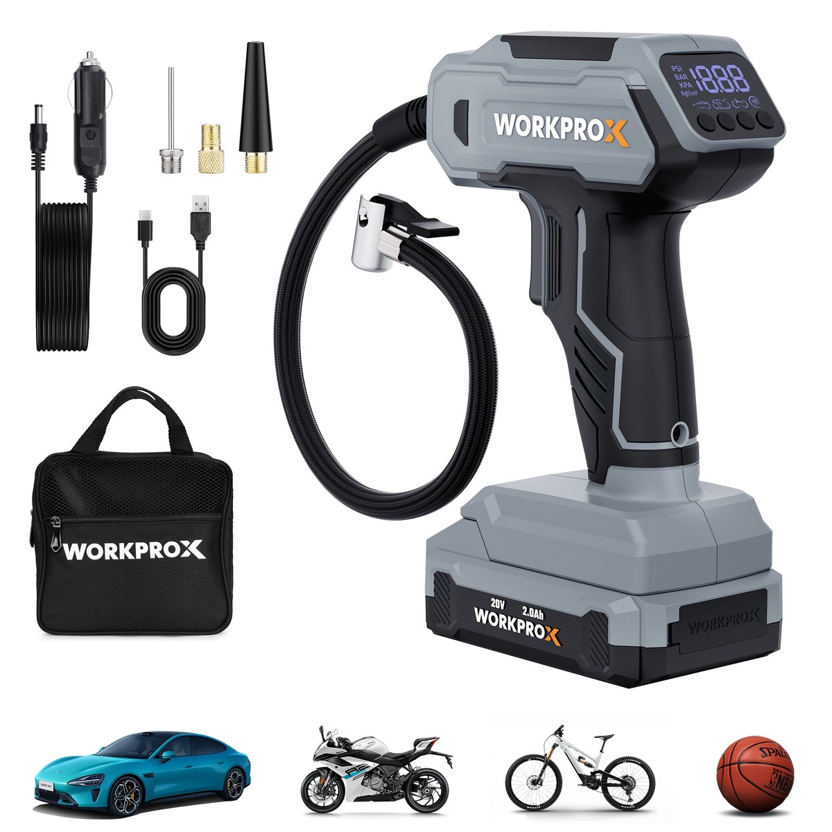 WORKPROX Tire Inflator Portable Air Compressor, 150 PSI Cordless Car Tire Pump with Digital Pressure Gauge, Fast Inflation, Rechargeable Battery & 12V DC Power, for Cars, Motorcycles, Bikes, Balls