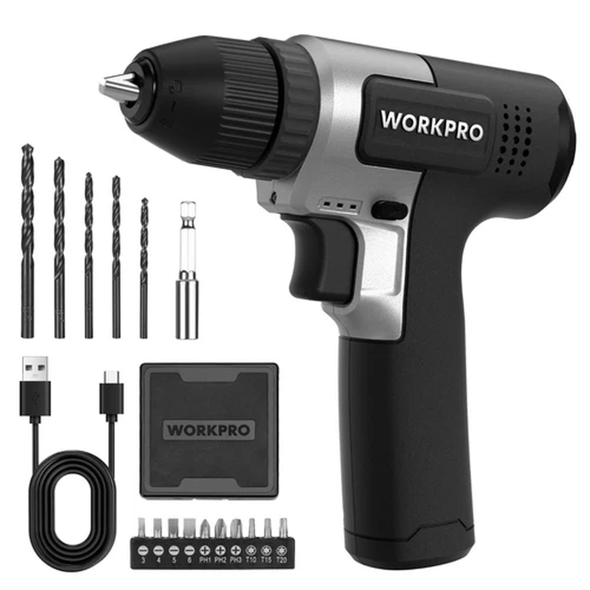 WORKPRO 8V Cordless Drill Set, 2Ah Electric with 3/8'' Keyless Chuck Black NEW