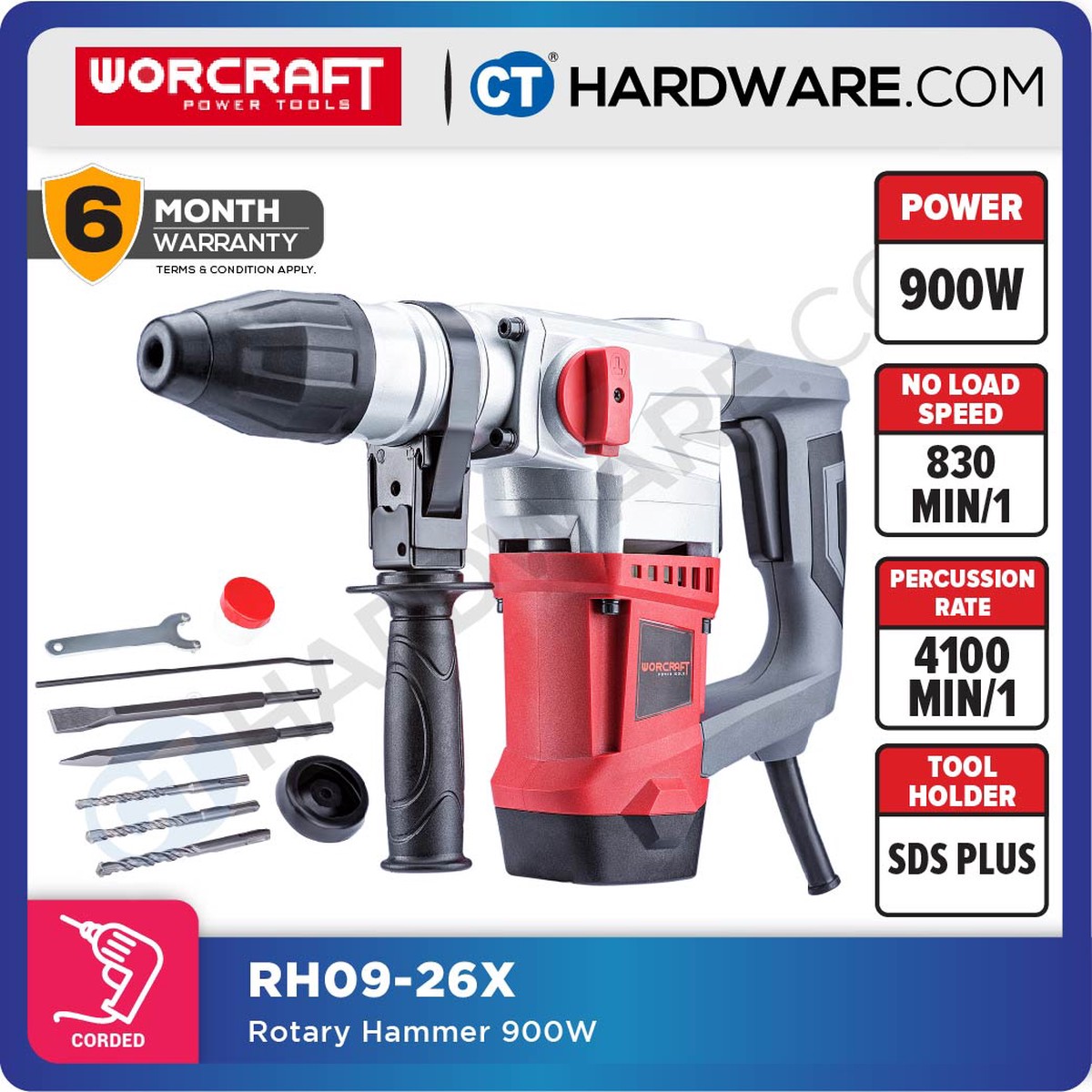 WORCRAFT RH0926X 3 MODE ROTARY HAMMER 900W 850RPM PERCUSSION 4100RPM C/W ACCE 3 BIT,2 CHISEL ( SDS PLUS )