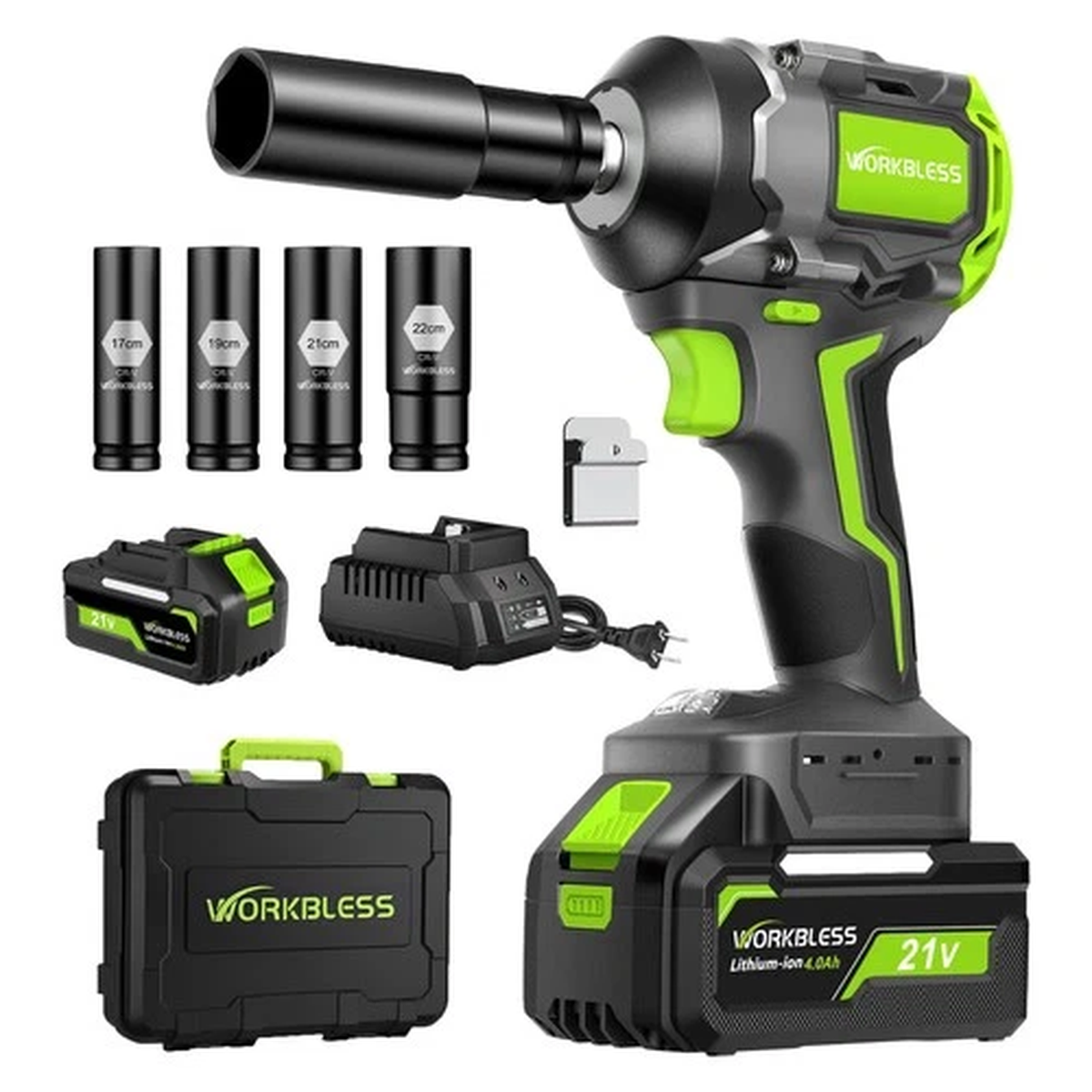 WorkBless 1/2 Brushless Cordless Impact Wrench Kit, Max 850Nm Green