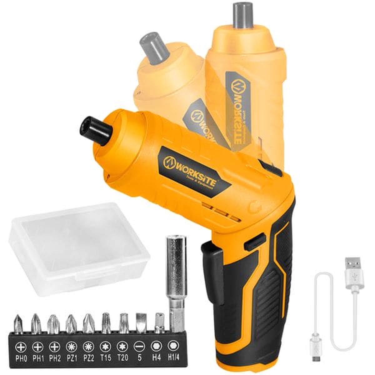 Worksite 4V Cordless Screwdriver Kit-Grip Rechargeable Cordless Screwdriver, Includes 9pcs Bit, 1pc Bit Holder, USB Charging Cable. For Everyday needs and DIY projects- CSD286