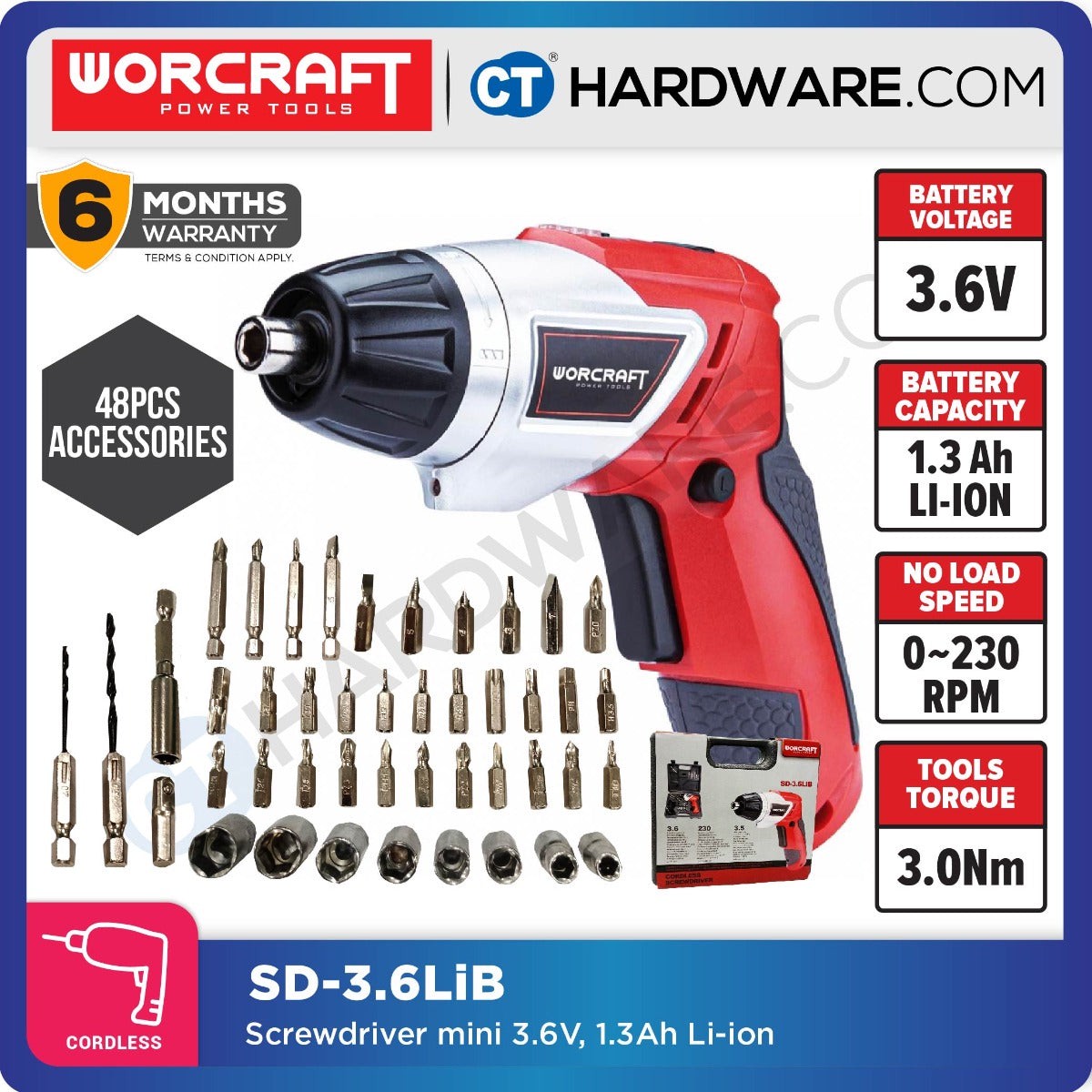 WORCRAFT SD-3.6LiB CORDLESS SCREWDRIVER 3.6V 1.3AH 200RPM 3.0NB COME WITH ACCESSORY SET [ SD36LIB ]