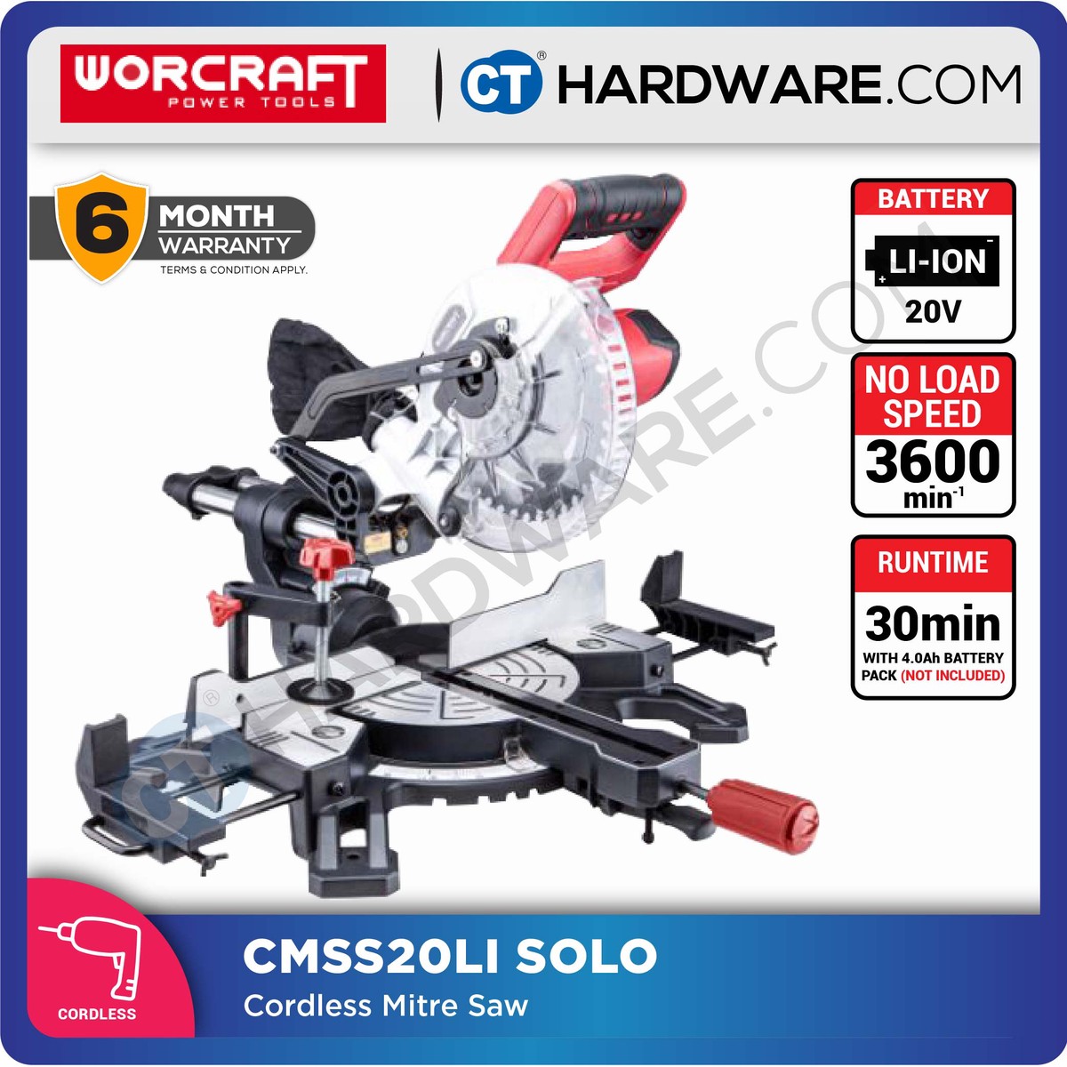 WORCRAFT CMS-S20LI CORDLESS MITRE SAW 20V | 7-1/2" | 3600RPM [ CMSS20LI ] [ ONE FOR ALL ]