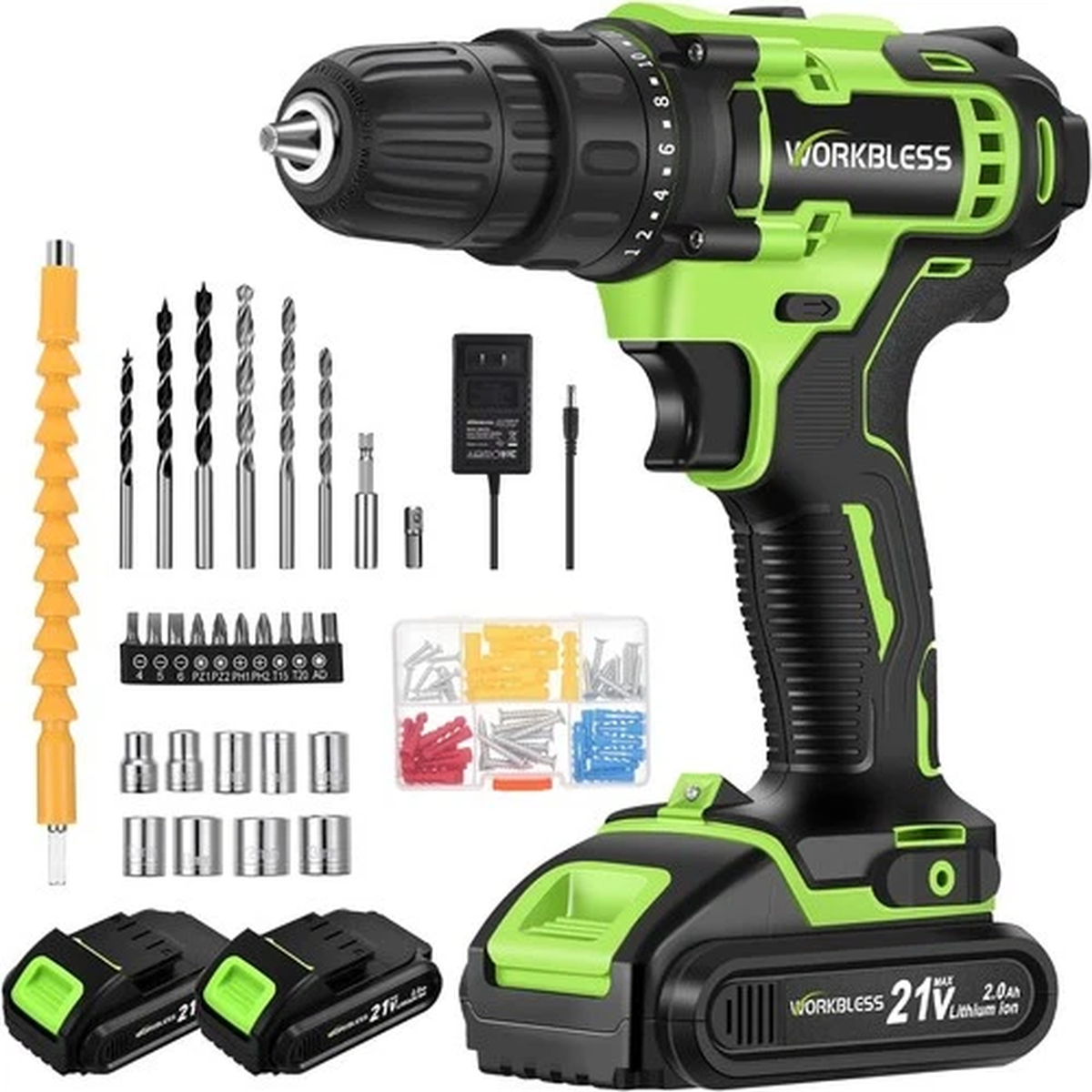 WORKBLESS 21V Power Drill Set, Cordless with 2 Batteries and Green