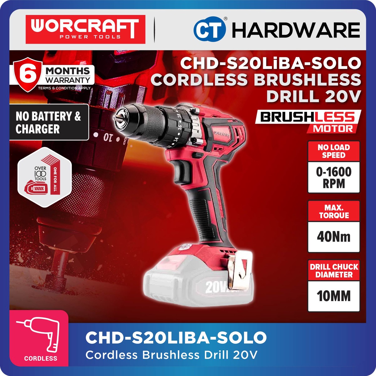 Worcraft CHD-S20LIBA-SOLO | CHD-S20LIBP | CHD-S20LIBES Cordless Brushless Drill 20V